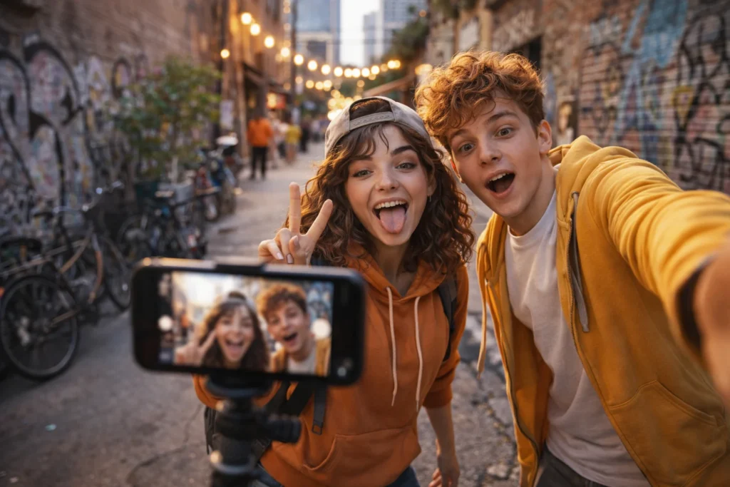 Youngsters filming authentic moments.