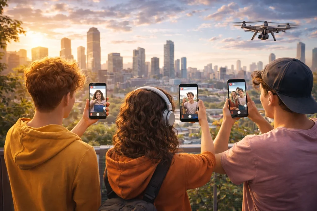 Youngsters capturing the sunset on Social media platforms. 