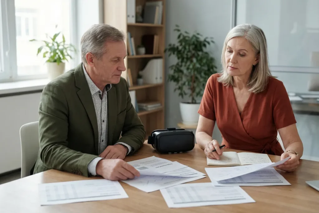 Two business professionals sitting at a meeting table and reviewing papers. There's a VR headset lying between them.