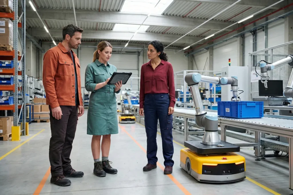 Workers and robots operating together inside a warehouse, with people monitoring machines during daily work.