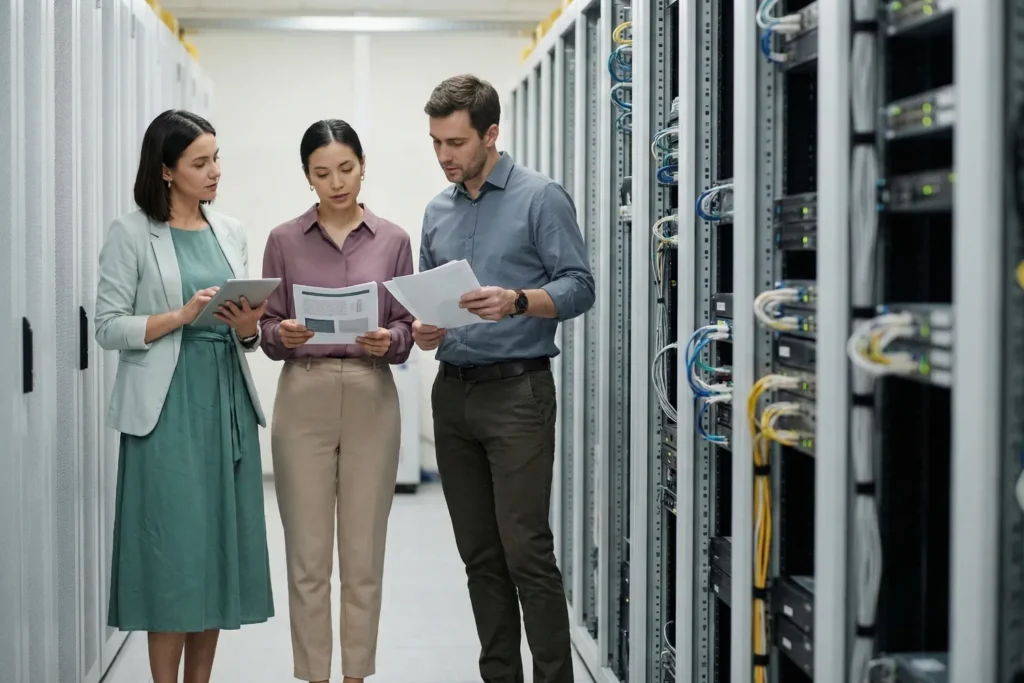 Three professionals standing in a tech facility and are reviewing reports and discussing technology performance.