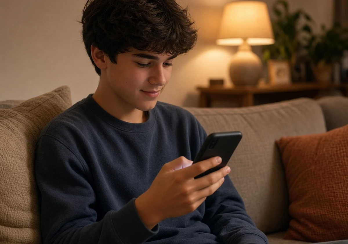 A young person sitting on a couch at home