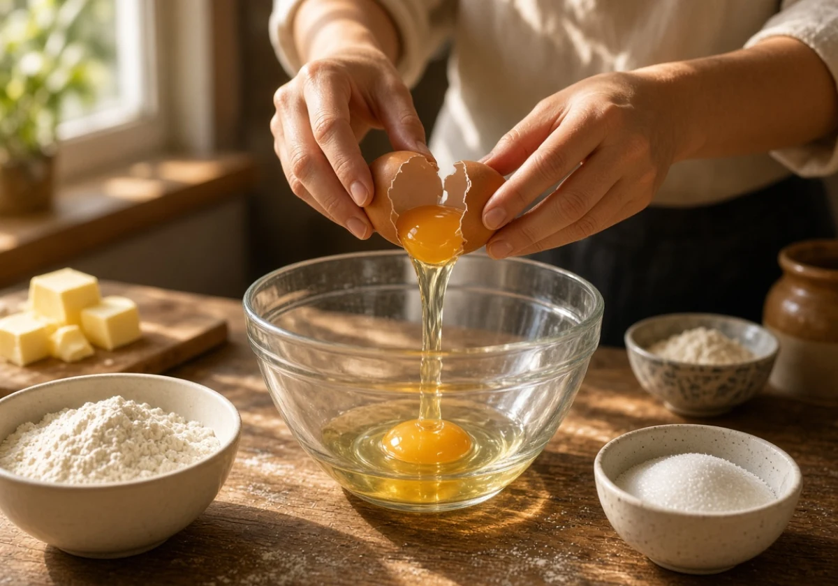 Close-up photograph of a baker's hands cracking an egg into a glass