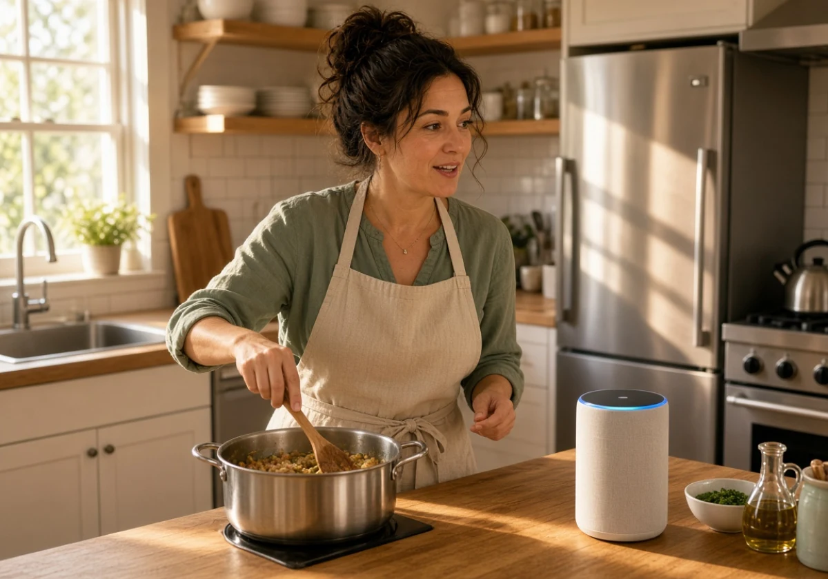 Woman instructing a smart device while cooking